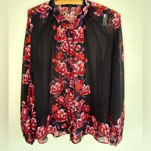 White House Black Market Black and Red Floral Blouse
